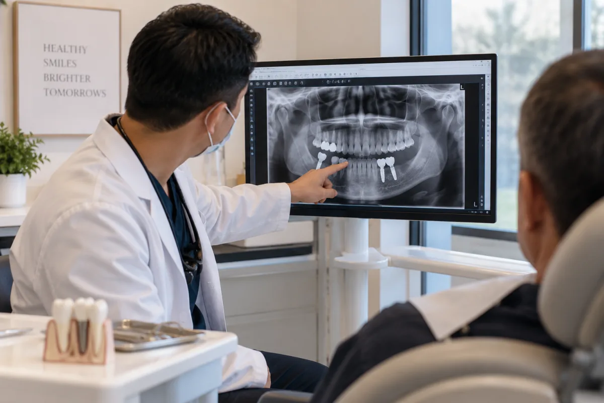 Dentist reviewing a dental implant X-ray with a patient